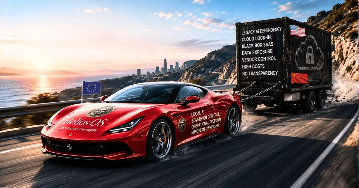 Helios OS European sovereign operational AI — red high-performance vehicle pulling a heavy container of legacy AI dependencies