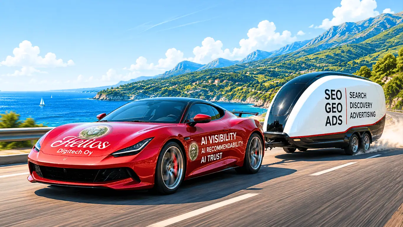 Red high-performance car towing an old SEO and Ads trailer — Helios pulls legacy marketing into the AI era